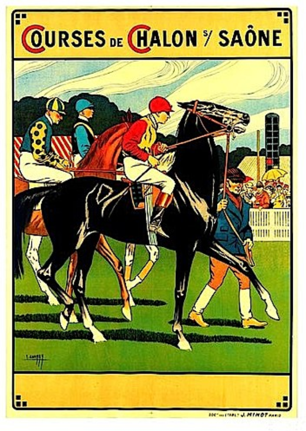 Plakat, das ein Pferderennen mit Jockeys auf Pferden zeigt, umgeben von einer Menge hinter einem Zaun, mit Bäumen und einem bewölkten Himmel im Hintergrund, und Text, der die Rennstrecken beschreibt.