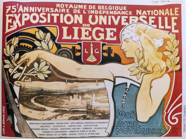 Plakat zum 75-jährigen Jubiläum der Nationalen Ausstellung Universitaire de Liège, das eine Frau mit Blumenstraßus zeigt und Textbeschriftungen enthält.