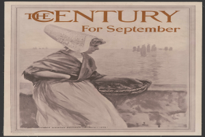 Eine Frau in einem weißen Kleid und einer blauen Stola hält einen Korb, mit der Aufschrift "Das Jahrhundert für September" darüber, vor einem sternenklaren Nachthimmel.