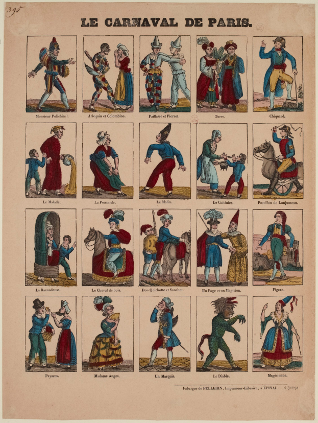 Eine Zeitung mit leuchtenden, detaillierten Bildern von Menschen in farbenfrohen Kostümen des Pariser Karnevals, darunter Federn und aufwändige Kopfschmuck, mit fetter Schrift.