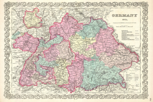 Alte Deutschlandkarte mit Provinzen von Bayern, Baden-Württemberg und Baden auf Papier mit regionalen Textdetails.
