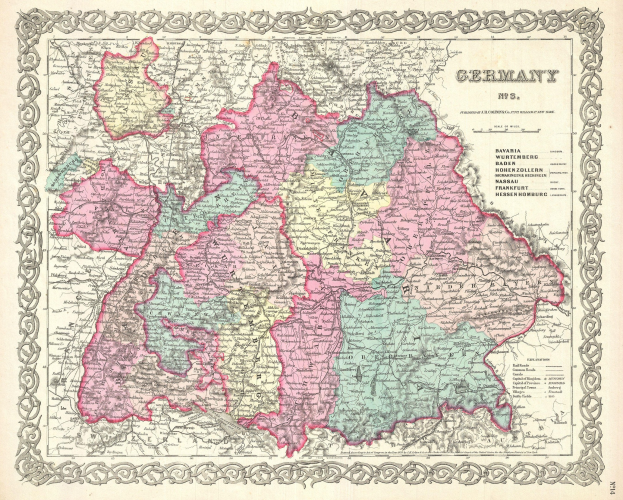Alte Deutschlandkarte mit Provinzen von Bayern, Baden-Württemberg und Baden auf Papier mit regionalen Textdetails.