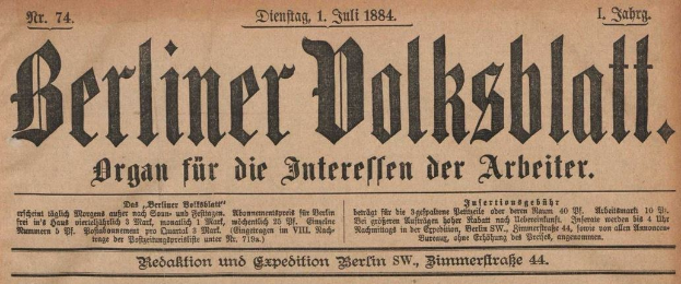 Ein vergilbtes 1884-Exemplar der deutschen Zeitung "Berliner Volksblatt" mit schwarzer Tinte.