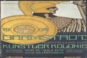 Plakat für ein Konzert in Berlin 1904 mit einer Person in einem Helm und einem Schild, auf dem 'Darmstadt' und 'Künstlerkolonie' in fetter Schrift steht.