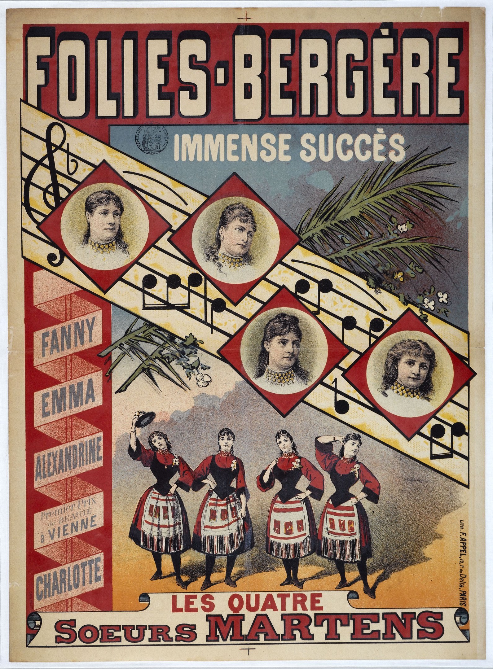Plakat für die Folies-Bergère und das Immense Succès-Konzert mit leuchtenden Farben, detaillierten Designs und Bildern von verschiedenen Menschen, die ein lebhaftes Ereignis in fetter Schrift hervorheben.