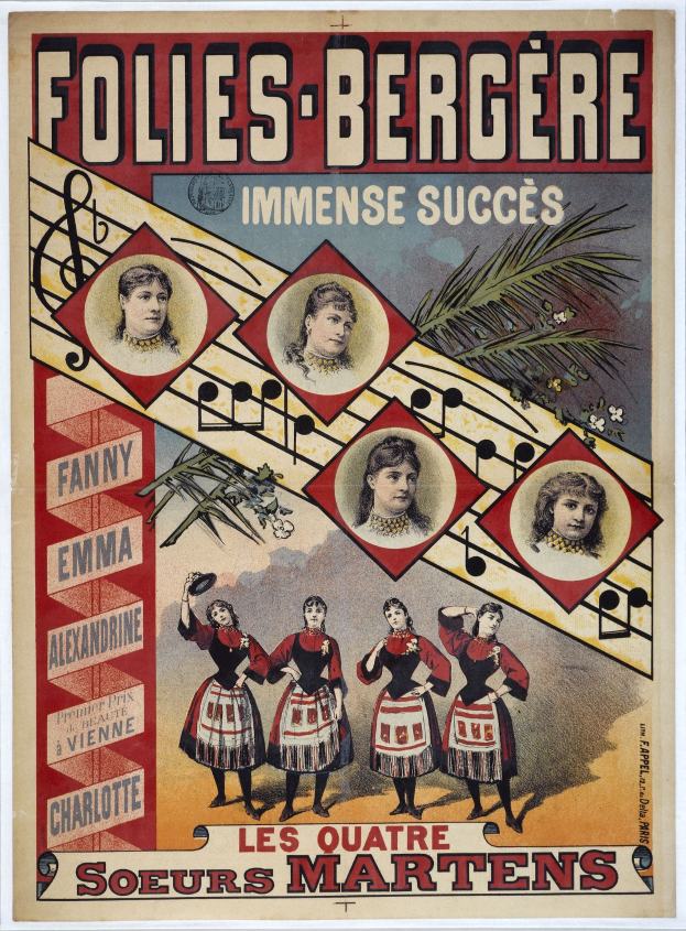 Plakat für die Folies-Bergère und das Immense Succès-Konzert mit leuchtenden Farben, detaillierten Designs und Bildern von verschiedenen Menschen, die ein lebhaftes Ereignis in fetter Schrift hervorheben.