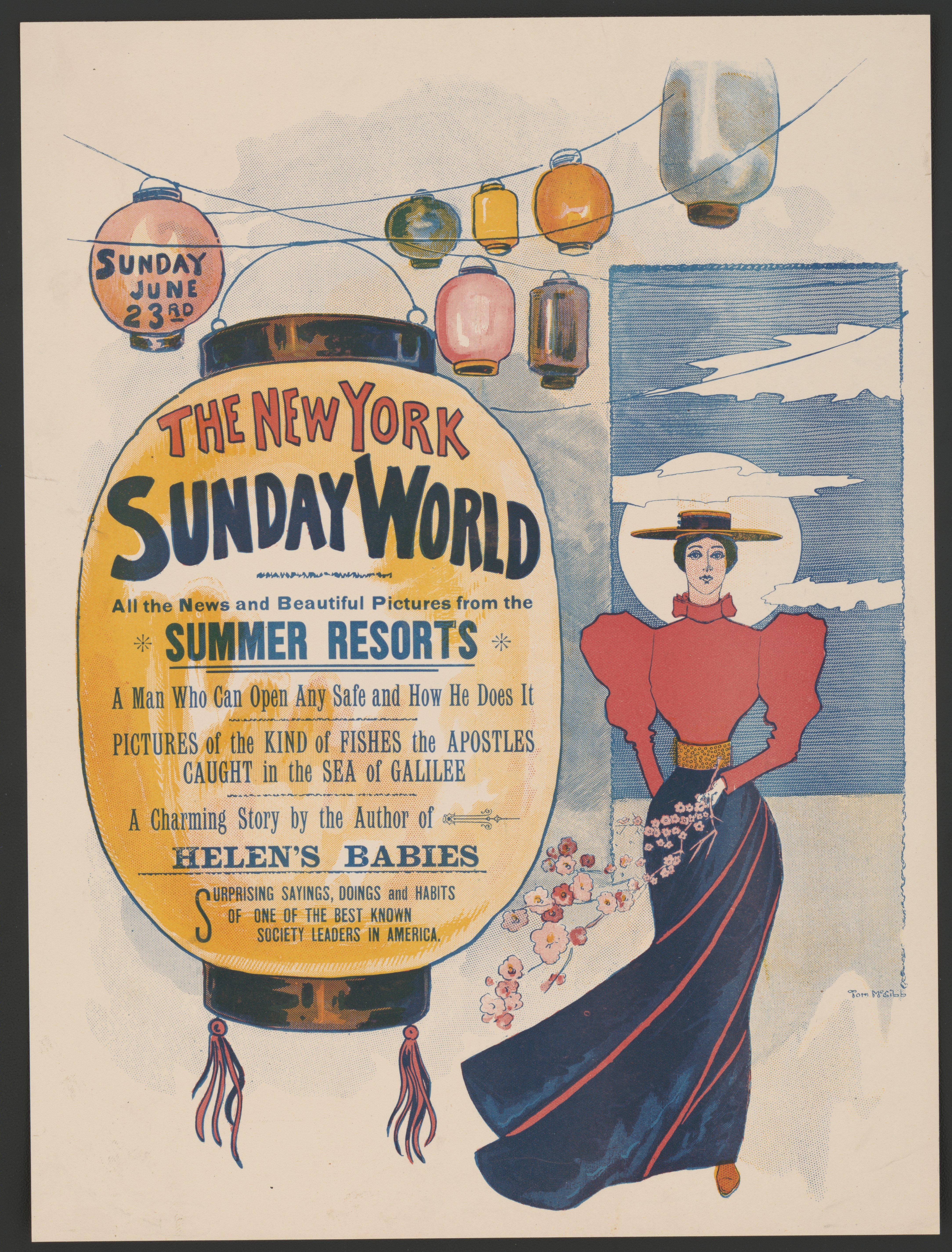 Eine Frau steht vor einem Hintergrund aus Laternen, die an einem Seil hängen, auf einem Plakat, das die New York Sunday World Summer Resorts bewirbt, mit Text, der die Angebote des Resorts beschreibt.