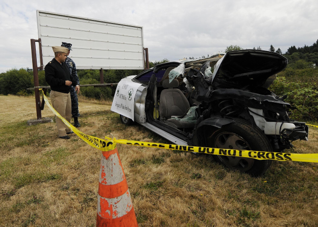 Ein Polizist in Uniform steht neben einem schwer beschädigten Auto am Straßenrand, mit eingedellter Motorhaube und zersplitterten Fenstern, neben einem Verkehrskegel und einem markierten Pfahl, vor einem Hintergrund aus Bäumen und einem bewölkten Himmel.