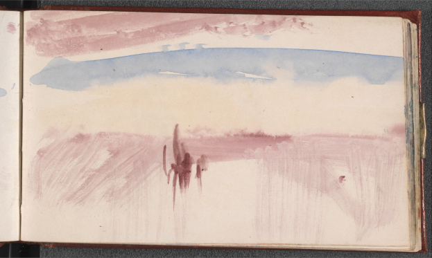 Ein offenes Buch, das ein farbenfrohes Gemälde mit verschiedenen Formen und Farben zeigt.