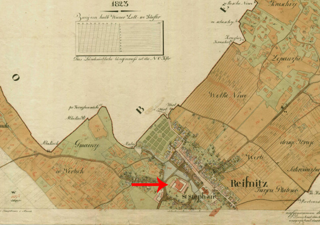 Ein alter Stadtplan von Reifnitz, Deutschland, mit einem roten Pfeil, der auf die Stadt zeigt, und Straßen, Gebäuden, Sehenswürdigkeiten und Texten zur Bevölkerung, Sehenswürdigkeiten und Straßen.
