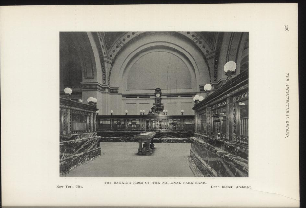 Schwarzes und weißes Foto der Bankhalle der National Park Bank in New York City, mit Tischen, Lampen und einer Wanduhr, sowie Text am unteren Rand.