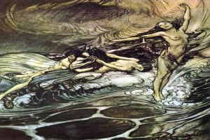 Gemälde von Arthur Rackham mit dem Titel "Die Meerjungfrauen", das eine Meerjungfrau in einem langen dunklen Kleid und eine Frau in einem smaragdgrünen Kleid zeigt, die friedlich in tiefblauen Ozeanwellen unter einer untergehenden Sonne schwimmen.