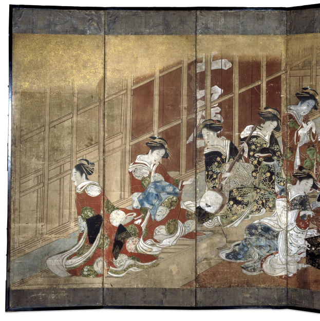 Ein japanisches Vier-Paneel-Bild aus der Meiji-Zeit, das eine Gruppe von Frauen in Kimonos zeigt, mit einer Frau in der Mitte mit ausgestreckten Armen vor einem tiefblauen Hintergrund.