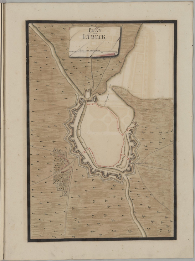 Ein abgenutztes Buch mit einer detaillierten Karte von Lübeck, Deutschland, das Straßen, Gebäude und Sehenswürdigkeiten zeigt, begleitet von Texten über die Bevölkerung, Geschichte und Kultur der Stadt.