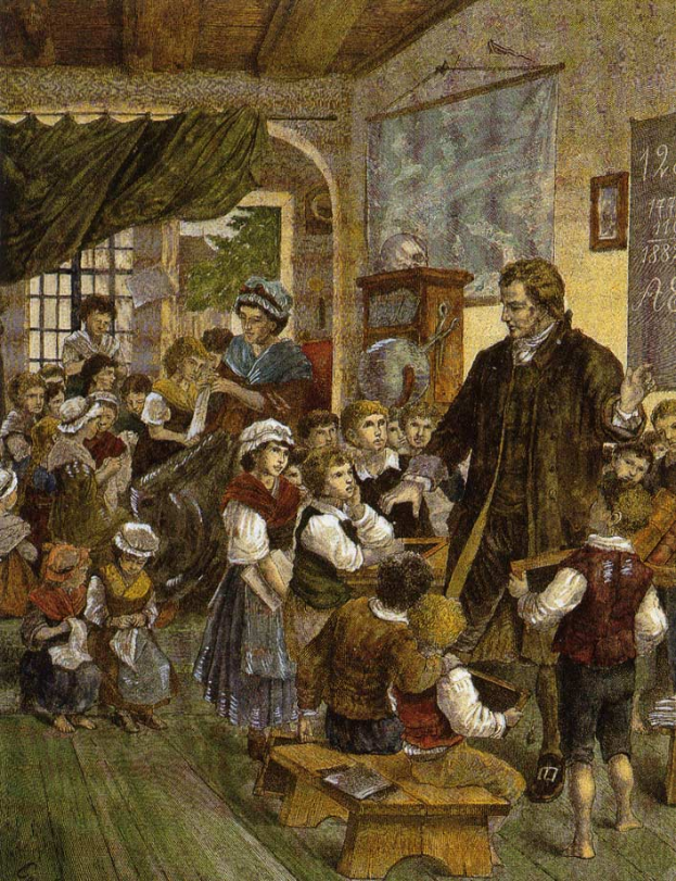 Ein Bild namens "Der Lehrerunterricht" von William Hogarth, das einen Mann vor einer Klasse mit Kindern zeigt, einige sitzen auf Bänken und andere stehen, mit einer Tafel, einem Foto, einem Fenster, einem Vorhang und einem Dach auf der rechten Seite.