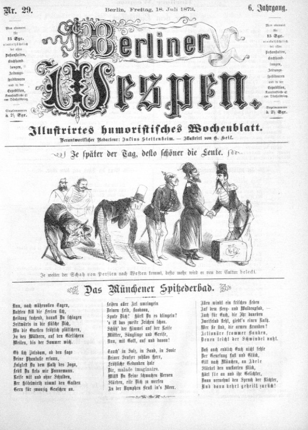 Eine alte Zeitung, Berliner Wespn von Juli 1873, zeigt eine Karikatur eines Mannes mit Zylinder und einer Frau in einem Kleid, beide wirken besorgt.