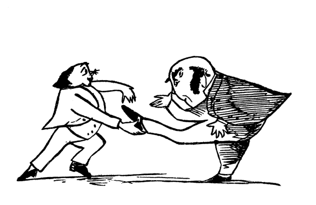 Eine Schwarz-Weiß-Zeichnung eines Mannes und einer Frau in einer körperlichen Auseinandersetzung, wobei der Mann die Hand der Frau hält.