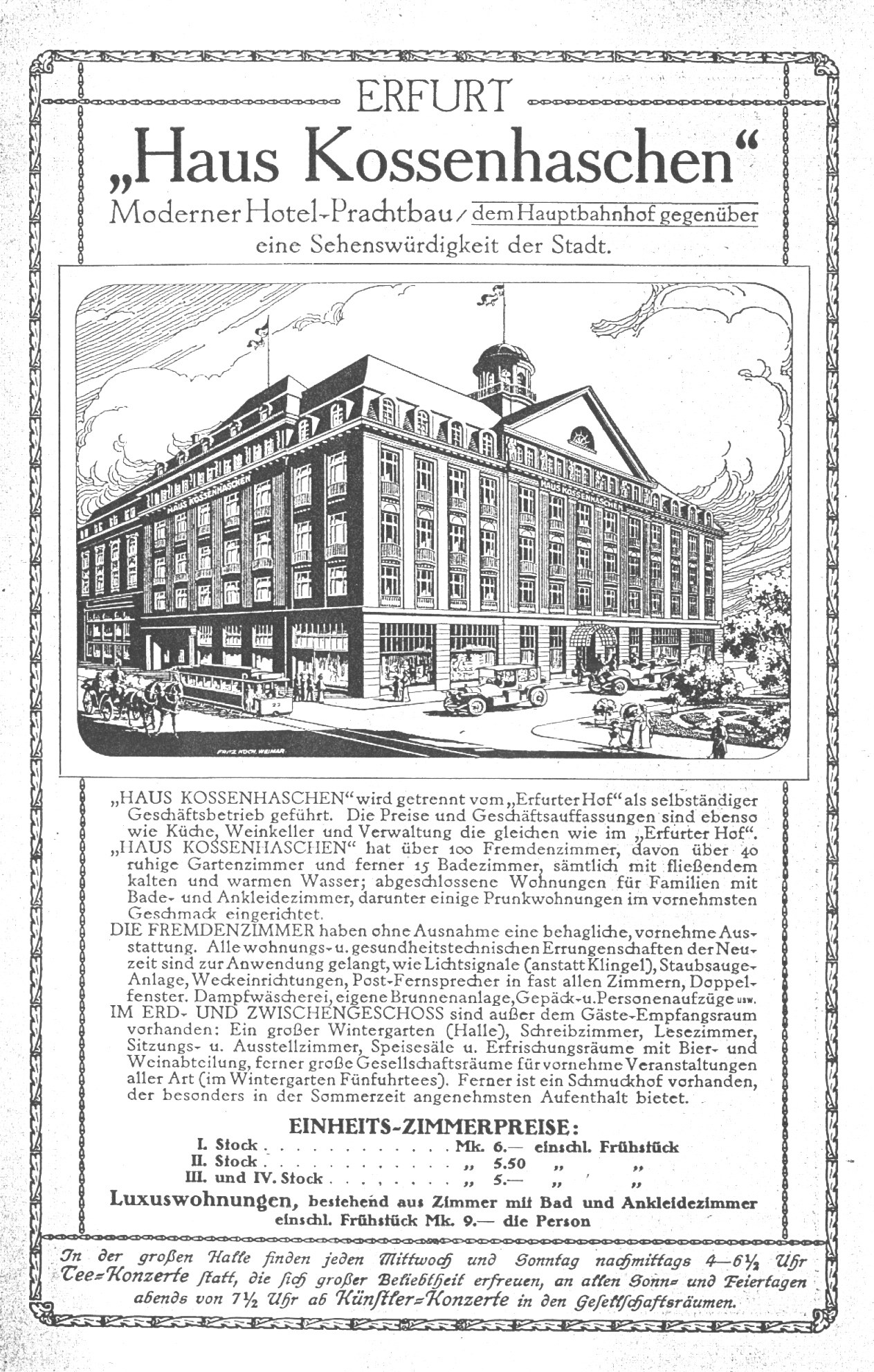 Alte Werbung für ein zweistöckiges Hotel in Deutschland mit rotem Dach, weißen Wänden und einem großen Fenster im zweiten Stock, mit fetter Schrift in einem dekorativen Rahmen.