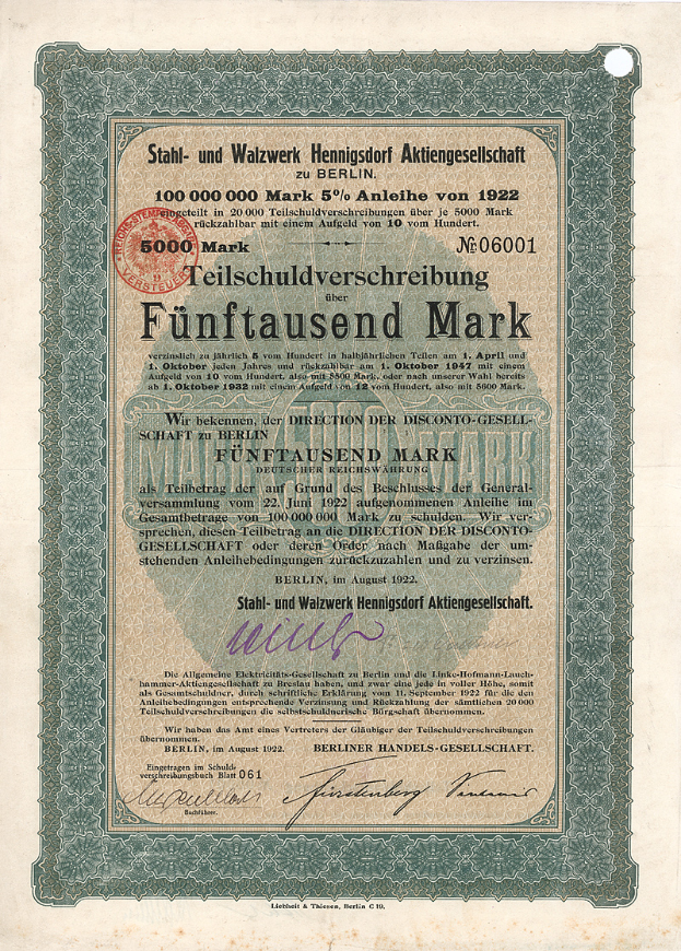 Ein altes deutsches Aktienzertifikat mit einem grünen Rand und der Inschrift "Fünftausend Mark"