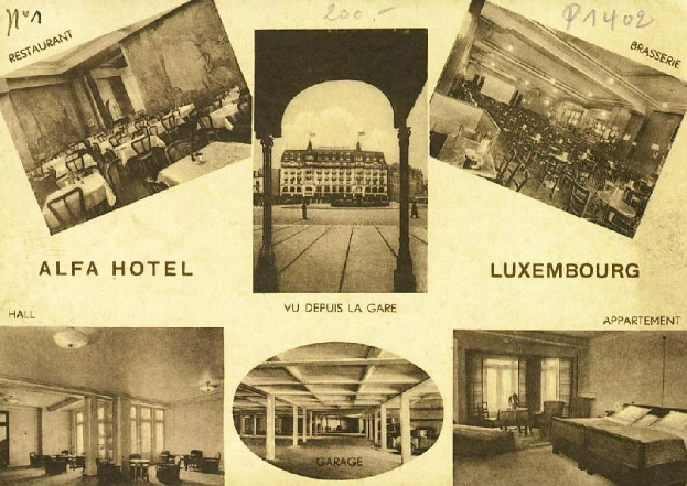 Eine alte Ansichtskarte des Alfa Hotels in Luxemburg, die eine Collage von Innenraumaufnahmen einschließlich Möbeln, Säulen und Fenstern zeigt, mit Text, der Hotelinformationen bereitstellt.