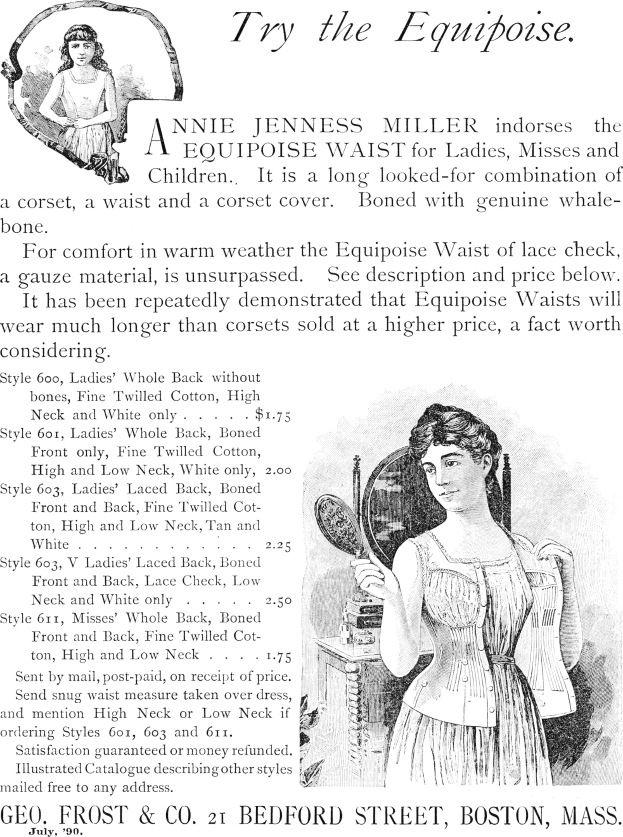 Werbung für den 'Equipment Waist' von Annie Jenness Miller, mit einer Frau, die einen Spiegel hält und Text, der das Produkt beschreibt.