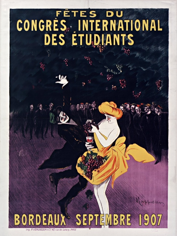Plakat für ein Weinprobe-Event in Bordeaux 1907 mit einer Frau in gelbem Kleid und Weinglas, umgeben von einer Menge.