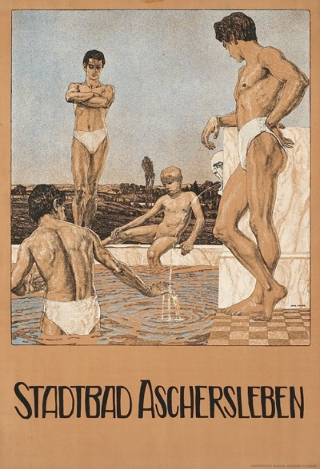 Ein Plakat wirbt für ein Schwimmbad in Aschersleben, Deutschland, das Menschen im Wasser mit Texten über die Einrichtungen des Bades zeigt.