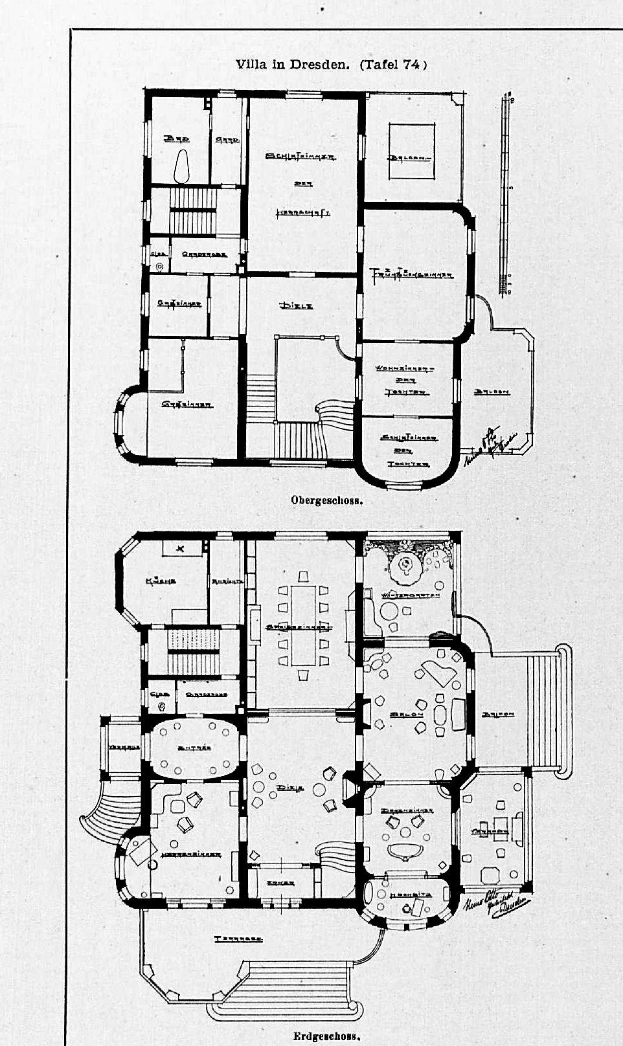 Ein Schwarz-Weiß-Bodenplan eines Hauses mit mehreren Zimmern, beschriftet mit Details über die Zimmeranzahl und -größen, vermutlich die Villa in Dresden, Deutschland.