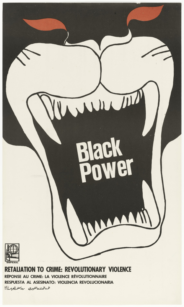 Ein Plakat mit einem Black-Power-Logo, einem schwarzen Kreis mit weißer Umrandung und einem weißen Buchstaben 'P' in der Mitte sowie fett gedrucktem Text, der 'Rache für Verbrechen, revolutionäre Gewalt' fordert.