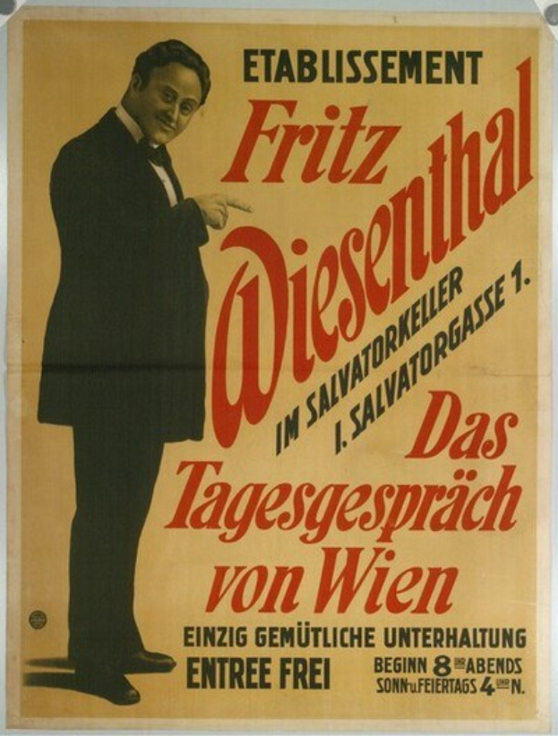 Schwarz-weißes Plakat von Fritz Diesenthal, einem deutschen Komponist in einem schwarzen Anzug und weißem Hemd, mit zurückgekämmtem Haar und einem ernsten Gesichtsausdruck, der direkt in die Kamera schaut.