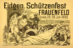 Ein Vintage-Plakat für das Eidgenöschützenfest in Frauenfeld, Deutschland, mit einem Mann in einem Anzug und einer Frau in einem Kleid nebeneinanderstehend und Text mit Informationen über das Ereignis.