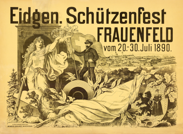 Ein Vintage-Plakat für das Eidgenöschützenfest in Frauenfeld, Deutschland, mit einem Mann in einem Anzug und einer Frau in einem Kleid nebeneinanderstehend und Text mit Informationen über das Ereignis.