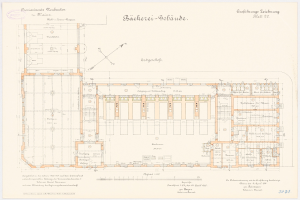 Schwarz-weißes Architekturzeichnung des Reichstagsgebäudes mit Grundriss, annotiert mit Räumen, Fluren, Fenstern und Türen.