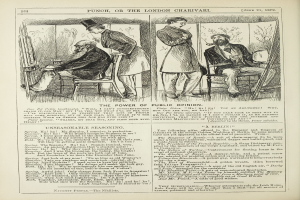 Ein altes Buchcover mit einem Mann in einem Anzug, der in einem Stuhl sitzt und nachdenklich schaut, und einer Frau, die neben ihm steht und nachdenklich aussieht, mit der Überschrift "Die Macht der öffentlichen Meinung" auf der Seite.