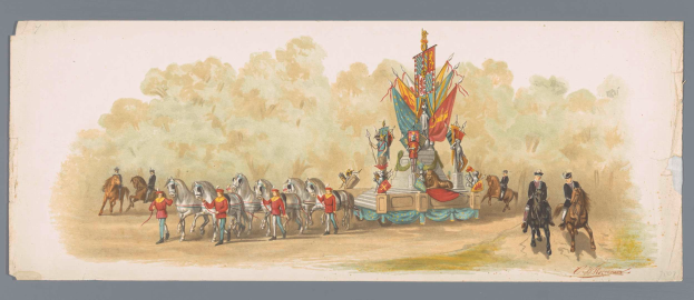 Ein Bild eines Karnevals-Umzugs mit Menschen in bunten Kostümen, die Pferde vor einem geschmückten Schwimmwagen reiten, vor einem klaren blauen Himmel mit Bäumen im Hintergrund.