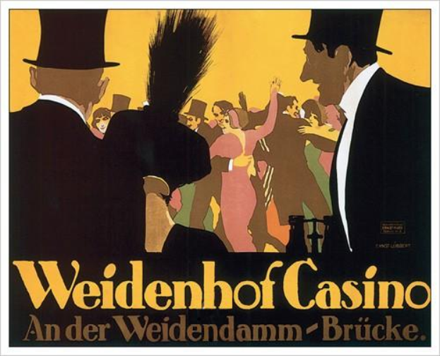 Ein Plakat wirbt für das Weidenhof Casino in Brücke, Deutschland, mit einer farbenfrohen Illustration von tanzenden und feiernden Menschen und dem Schriftzug "Weidenhof" in fetter Schrift oben drauf, eingerahmt von einem schwarzen Rand.