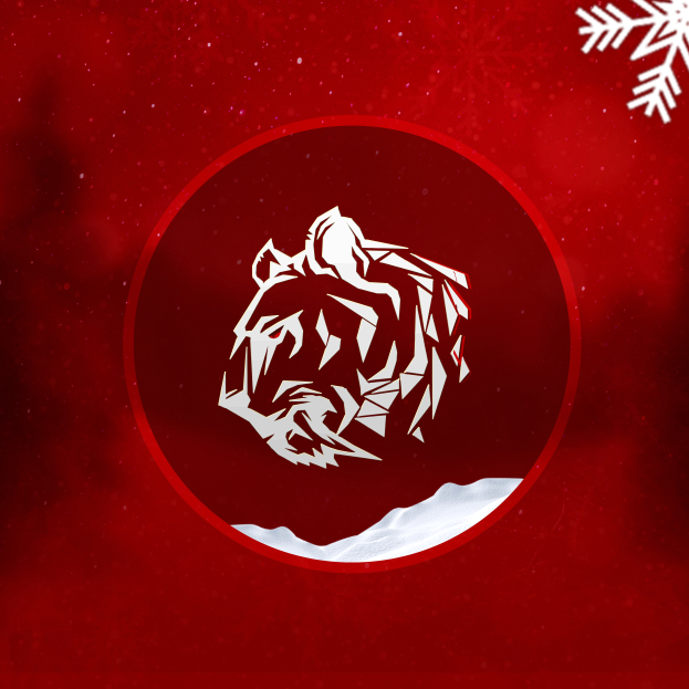 Ein weißer Tiger in einer Kreisform mit offenem Mund, der brüllt, vor einem roten Hintergrund mit verstreuten Schneeflocken.