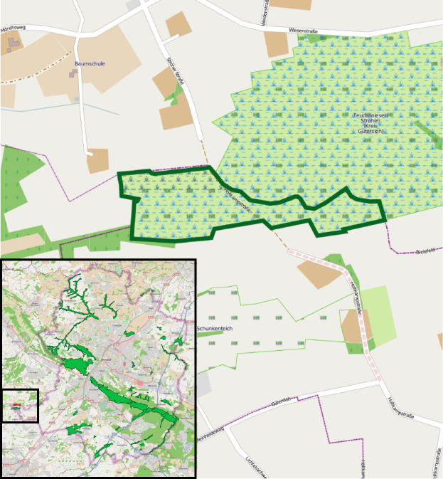 Ein detaillierter Stadtplan von Köln, Deutschland, mit einer grünen Fläche, die den Standort des geplanten Projekts hervorhebt, zeigt Straßen, Gebäude und Sehenswürdigkeiten.
