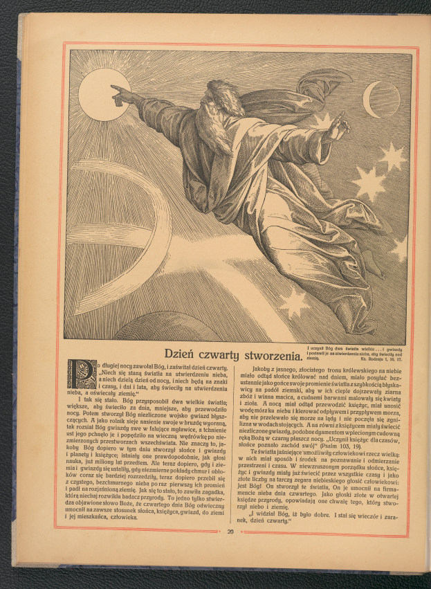 Ein aufgeschlagenes Buch mit einer Zeichnung eines Mannes, der durch die Luft fliegt, umgeben von Sternen und einem Halbmond, mit Text auf der Seite.