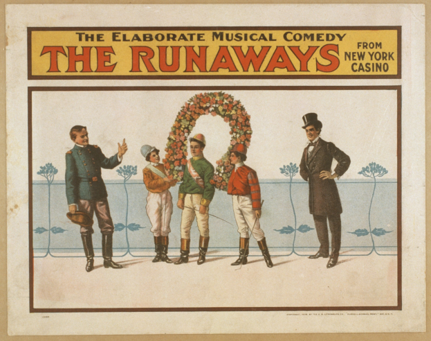 Plakat für "Elaborate Musical Comedy Runaways" im New Yorker Casino, das eine Gruppe von Menschen in einer Reihe zeigt, wobei einer einen Blumenstrauß hält und Text den Comedy beschreibt.