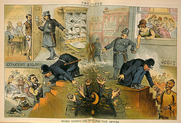 Cartoon-Gerichtsraum-Szene mit einem Richter in Anzug und Hut, der einen Stock und ein Buch hölt, umgeben von stehenden und sitzenden Menschen, mit Papieren, auf denen "Schweigegeld oder Geld für die Kanalisation" steht, auf dem Boden verstreut.