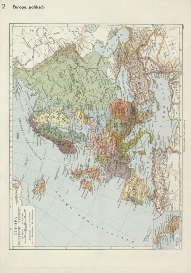Eine Karte von Europa aus dem 19. Jahrhundert, die politische Grenzen zeigt, gedruckt auf altem Papier mit Text oben und unten.
