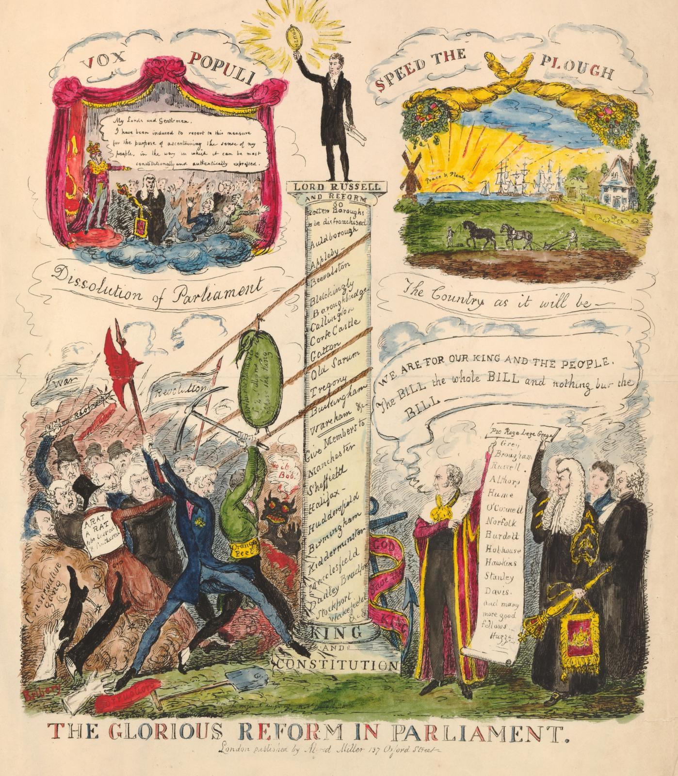 Eine farbenfrohe Papierillustration mit der Aufschrift "Die glorreiche Reform im Parlament", die mutige Texte und verschiedene, strahlende Menschen zeigt und somit Hoffnung und Fortschritt symbolisiert.