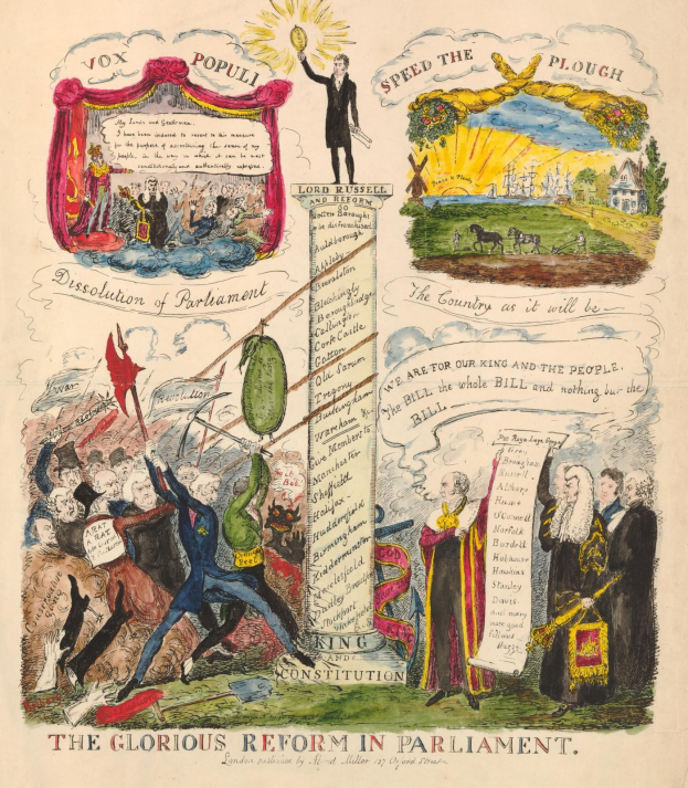 Eine farbenfrohe Papierillustration mit der Aufschrift "Die glorreiche Reform im Parlament", die mutige Texte und verschiedene, strahlende Menschen zeigt und somit Hoffnung und Fortschritt symbolisiert.