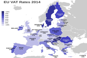 Eine Europakarte, die die EU-VAT-Sätze von 2014 mit Prozentangaben und Textanzeigen zeigt.