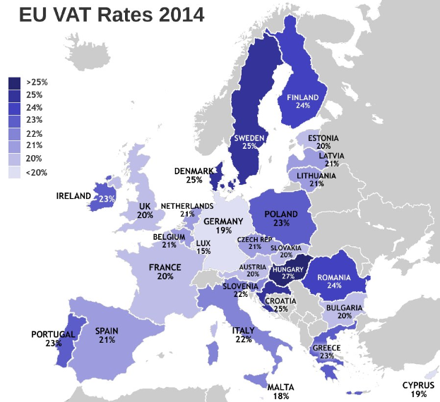 Eine Europakarte, die die EU-VAT-Sätze von 2014 mit Prozentangaben und Textanzeigen zeigt.