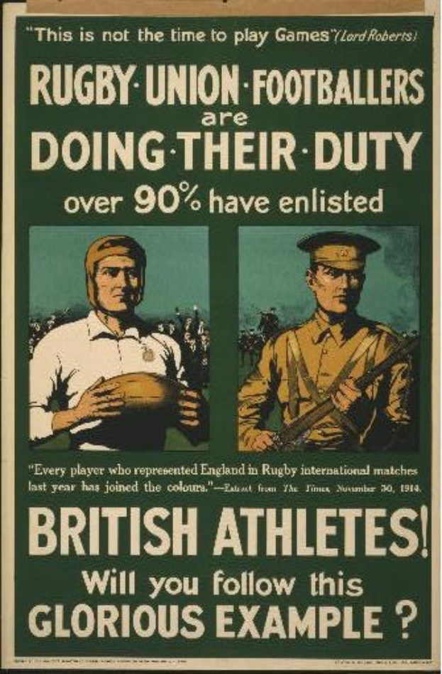 Britisches Weltkriegs-I-Rekrutierungsplakat mit zwei Rugby-Union-Fussballern in Militäruniformen, mit Text zur Förderung der Athleteneinsatz.