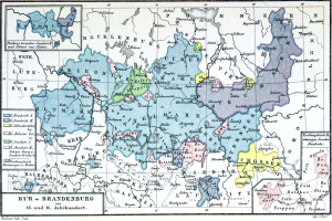 Detailkarte von Deutschland, die das Bundesland Brandenburg mit beschrifteten Städten, Gemeinden und geografischen Merkmalen hervorhebt.