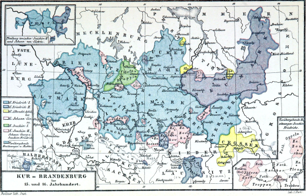 Detailkarte von Deutschland, die das Bundesland Brandenburg mit beschrifteten Städten, Gemeinden und geografischen Merkmalen hervorhebt.