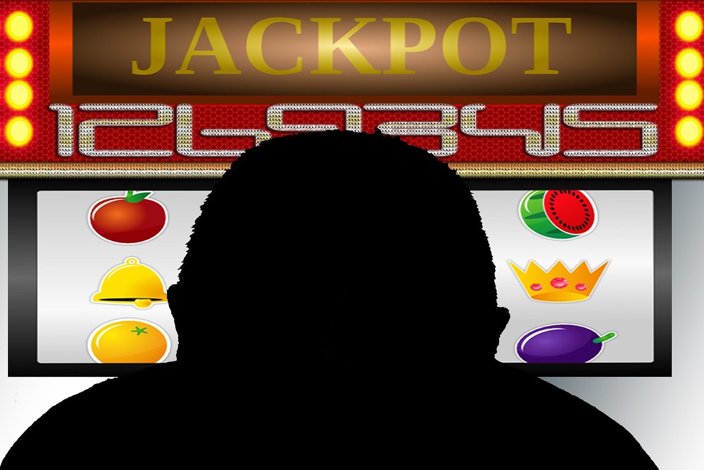 Ein Mann spielt an einem Automaten mit der Aufschrift "Jackpot" umgeben von einer Tafel mit Text und Obstbildern, was auf ein Online-Casinospiel hinweist.